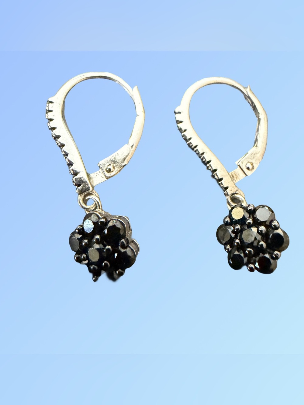FZN Sterling Silver Black Spinel Flower Cluster Drop Earrings 925